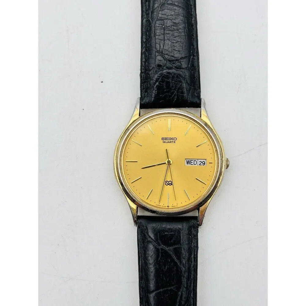 Seiko SQ Watch Men 33mm Gold Dial Gold Tone Daydate Round 5H23-7B09 New Battery
